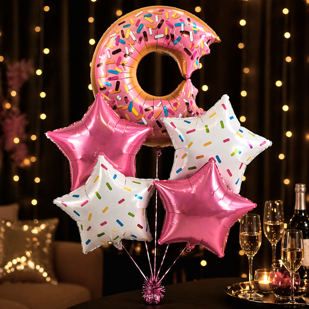 Donut Theme Helium Balloon Set of 5 (Donut Balloon + 2 Sprinkled Star + 2 Pink Star Balloons) | Pre-Inflated & Delivered | Kids Birthday Decoration