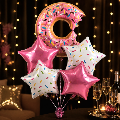 Donut Theme Foil Balloon Set of 5 for Birthday Decoration | Donut Balloon with 2 Sprinkled Star Balloons & 2 Pink Star Balloons
