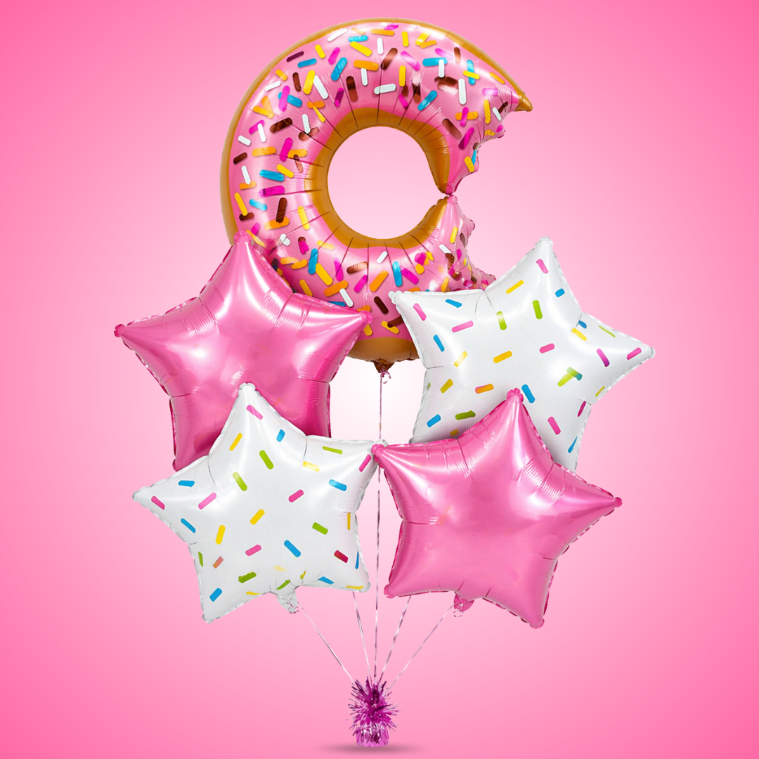 Donut Theme Helium Balloon Set of 5 (Donut Balloon + 2 Sprinkled Star + 2 Pink Star Balloons) | Pre-Inflated & Delivered | Kids Birthday Decoration