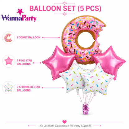 Donut Theme Foil Balloon Set of 5 for Birthday Decoration | Donut Balloon with 2 Sprinkled Star Balloons & 2 Pink Star Balloons