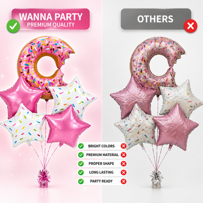 Donut Theme Foil Balloon Set of 5 for Birthday Decoration | Donut Balloon with 2 Sprinkled Star Balloons & 2 Pink Star Balloons