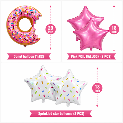 Donut Theme Helium Balloon Set of 5 (Donut Balloon + 2 Sprinkled Star + 2 Pink Star Balloons) | Pre-Inflated & Delivered | Kids Birthday Decoration