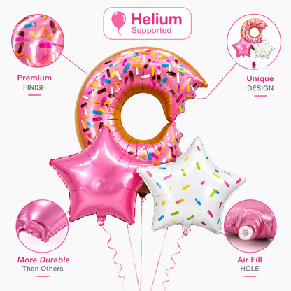 Donut Theme Helium Balloon Set of 5 (Donut Balloon + 2 Sprinkled Star + 2 Pink Star Balloons) | Pre-Inflated & Delivered | Kids Birthday Decoration