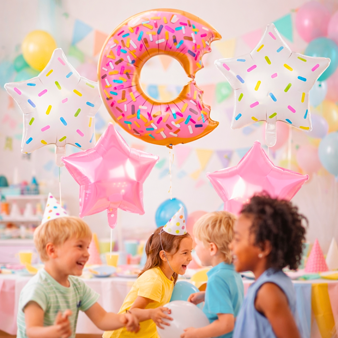 Donut Theme Helium Balloon Set of 5 (Donut Balloon + 2 Sprinkled Star + 2 Pink Star Balloons) | Pre-Inflated & Delivered | Kids Birthday Decoration