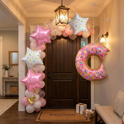 Donut Theme Foil Balloon Set of 5 for Birthday Decoration | Donut Balloon with 2 Sprinkled Star Balloons & 2 Pink Star Balloons