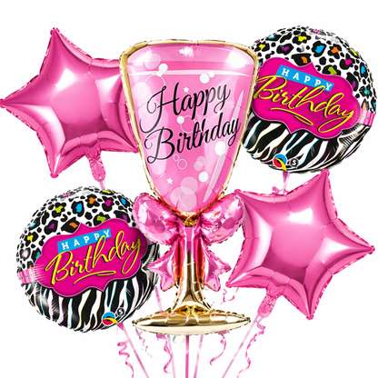 Pink Champagne Glass Helium Balloon Set of 5 (Supershape Champagne Glass + 2 Pink Happy Birthday + 2 Pink Star Balloons) | Pre-Inflated & Delivered | Birthday Decoration