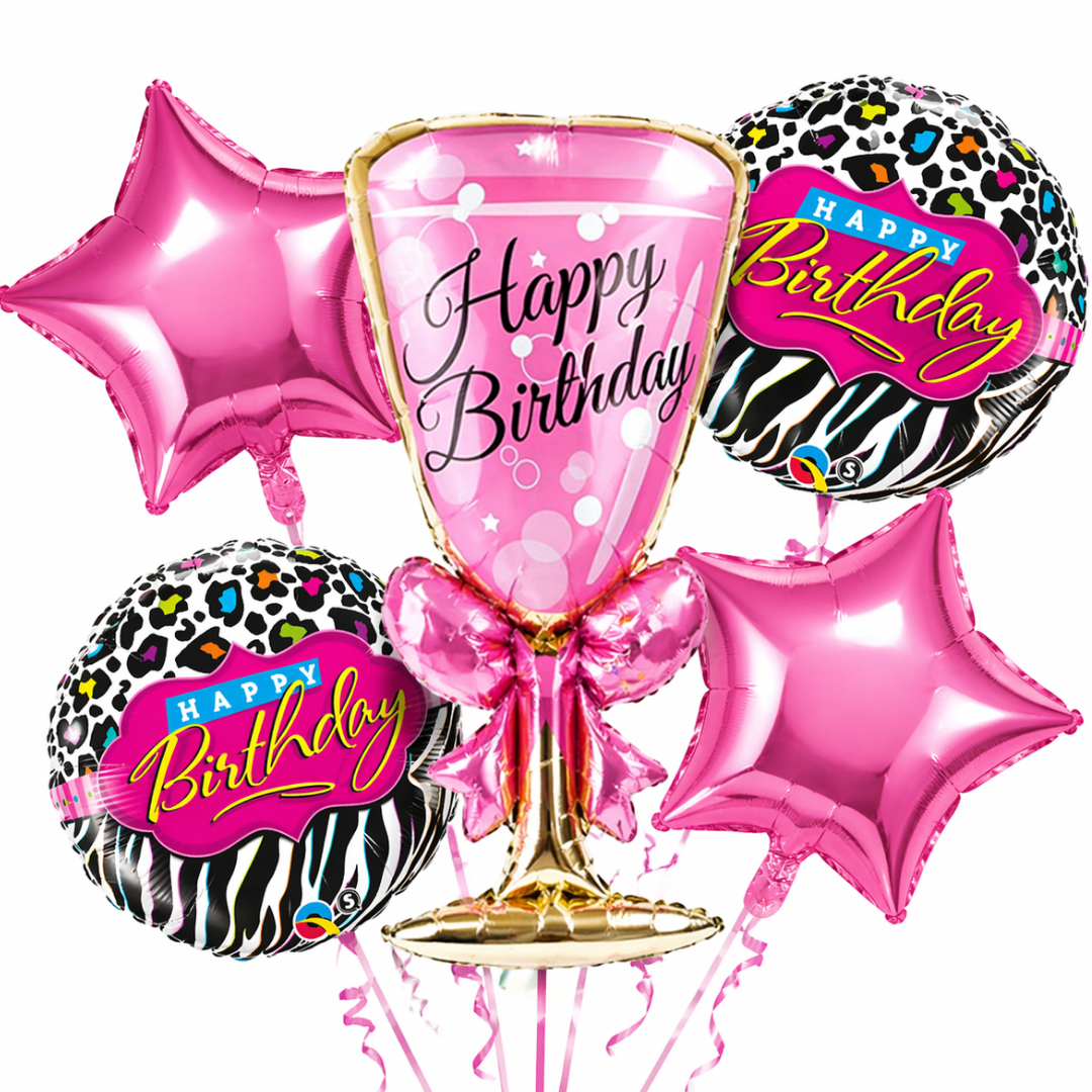 Pink Champagne Glass Foil Balloon Set of 5 for Birthday Decoration | 1 Supershape Champagne Glass + 2 Pink Happy Birthday Balloons + 2 Pink Star Balloons