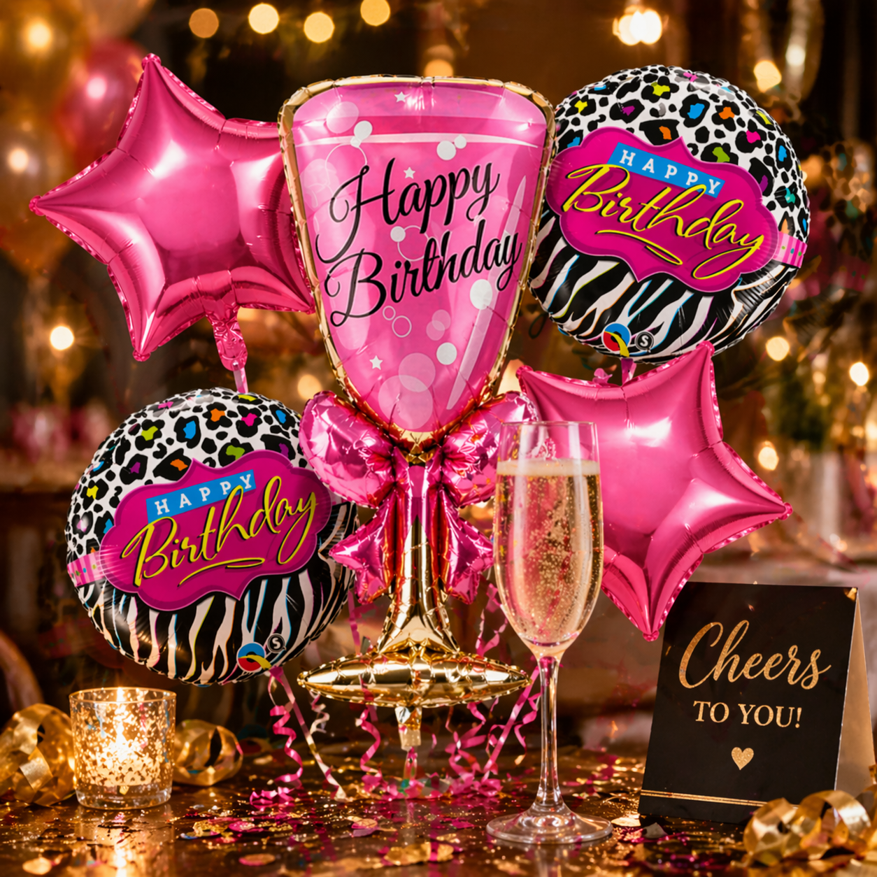 Pink Champagne Glass Helium Balloon Set of 5 (Supershape Champagne Glass + 2 Pink Happy Birthday + 2 Pink Star Balloons) | Pre-Inflated & Delivered | Birthday Decoration