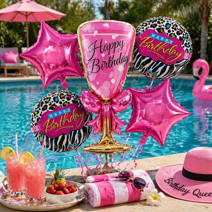 Pink Champagne Glass Helium Balloon Set of 5 (Supershape Champagne Glass + 2 Pink Happy Birthday + 2 Pink Star Balloons) | Pre-Inflated & Delivered | Birthday Decoration
