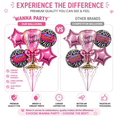Pink Champagne Glass Foil Balloon Set of 5 for Birthday Decoration | 1 Supershape Champagne Glass + 2 Pink Happy Birthday Balloons + 2 Pink Star Balloons