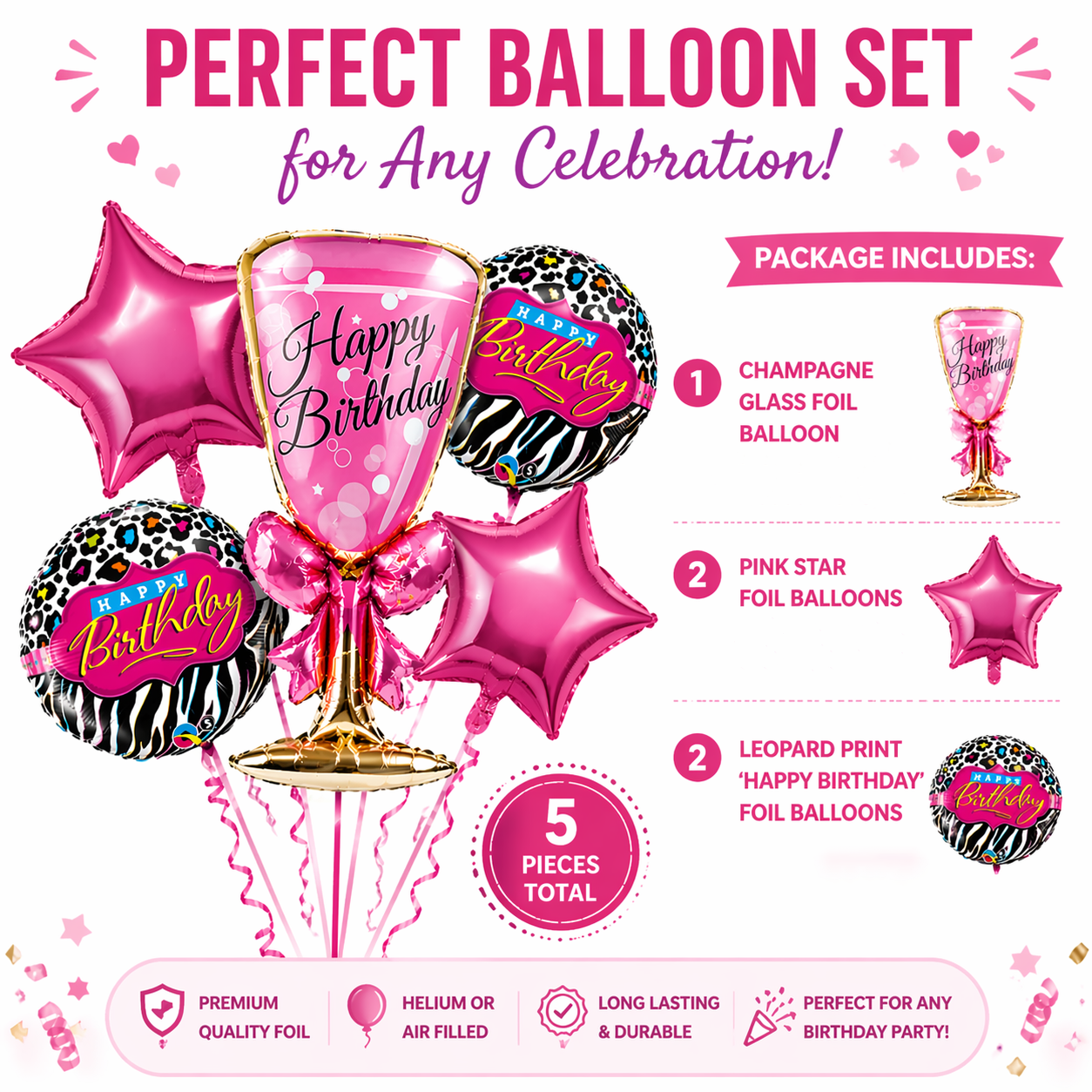 Pink Champagne Glass Helium Balloon Set of 5 (Supershape Champagne Glass + 2 Pink Happy Birthday + 2 Pink Star Balloons) | Pre-Inflated & Delivered | Birthday Decoration