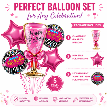 Pink Champagne Glass Helium Balloon Set of 5 (Supershape Champagne Glass + 2 Pink Happy Birthday + 2 Pink Star Balloons) | Pre-Inflated & Delivered | Birthday Decoration