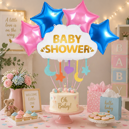 Baby Shower Cloud Foil Balloon Set of 5 for Decoration | 1 Supershape Cloud Balloon + 2 Gold Star + 2 Silver Star Balloons