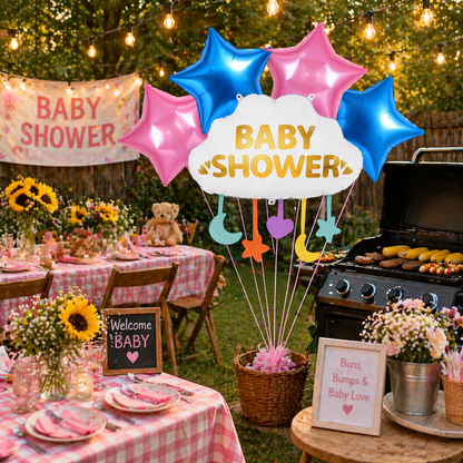 Baby Shower Cloud Foil Balloon Set of 5 for Decoration | 1 Supershape Cloud Balloon + 2 Gold Star + 2 Silver Star Balloons