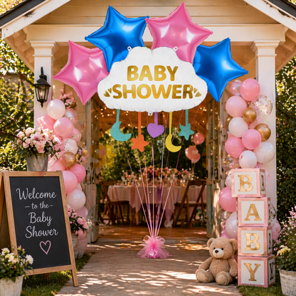 Baby Shower Cloud Foil Balloon Set of 5 for Decoration | 1 Supershape Cloud Balloon + 2 Gold Star + 2 Silver Star Balloons