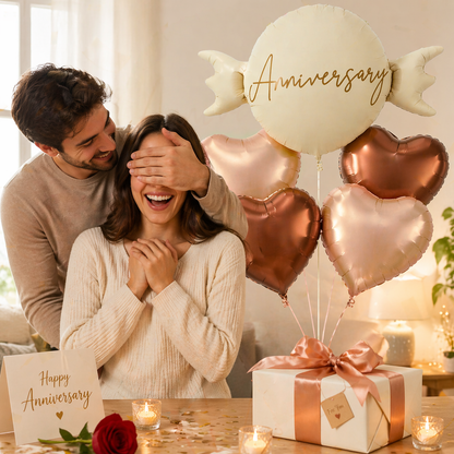 Happy Anniversary Candy Shape Helium Balloon Set of 5 (Candy Balloon + 2 Copper Heart + 2 Caramel Nude Heart Balloons) | Pre-Inflated & Delivered | Anniversary Decoration
