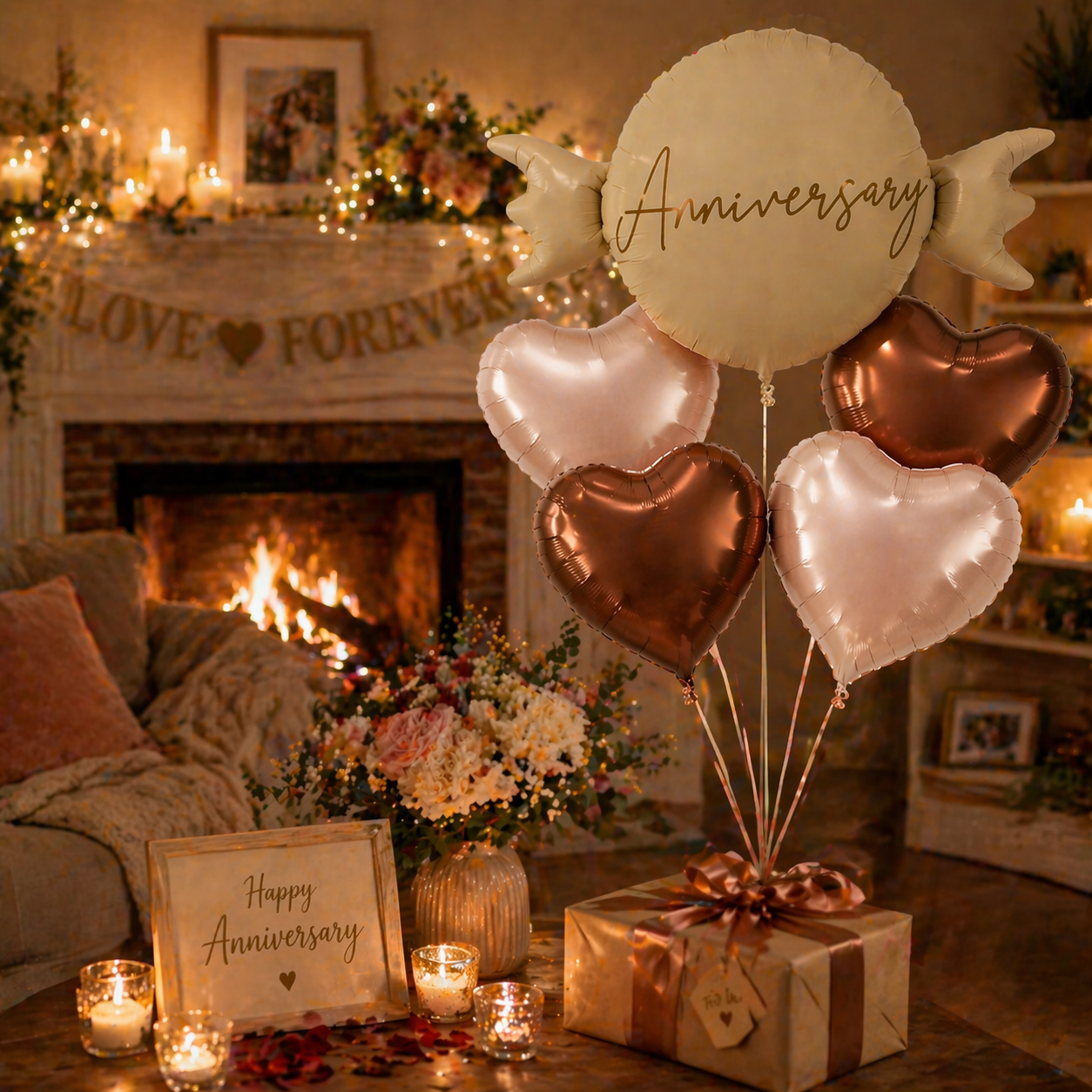 Happy Anniversary Candy Shape Foil Balloon Set of 5 for Celebration Decoration | Candy Balloon with 2 Copper Heart Balloons & 2 Caramel Nude Heart Balloons