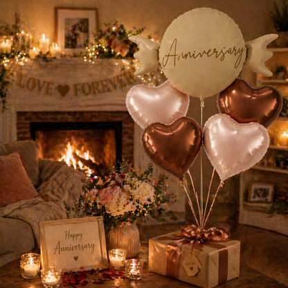 Happy Anniversary Candy Shape Foil Balloon Set of 5 for Celebration Decoration | Candy Balloon with 2 Copper Heart Balloons & 2 Caramel Nude Heart Balloons