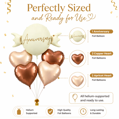 Happy Anniversary Candy Shape Helium Balloon Set of 5 (Candy Balloon + 2 Copper Heart + 2 Caramel Nude Heart Balloons) | Pre-Inflated & Delivered | Anniversary Decoration