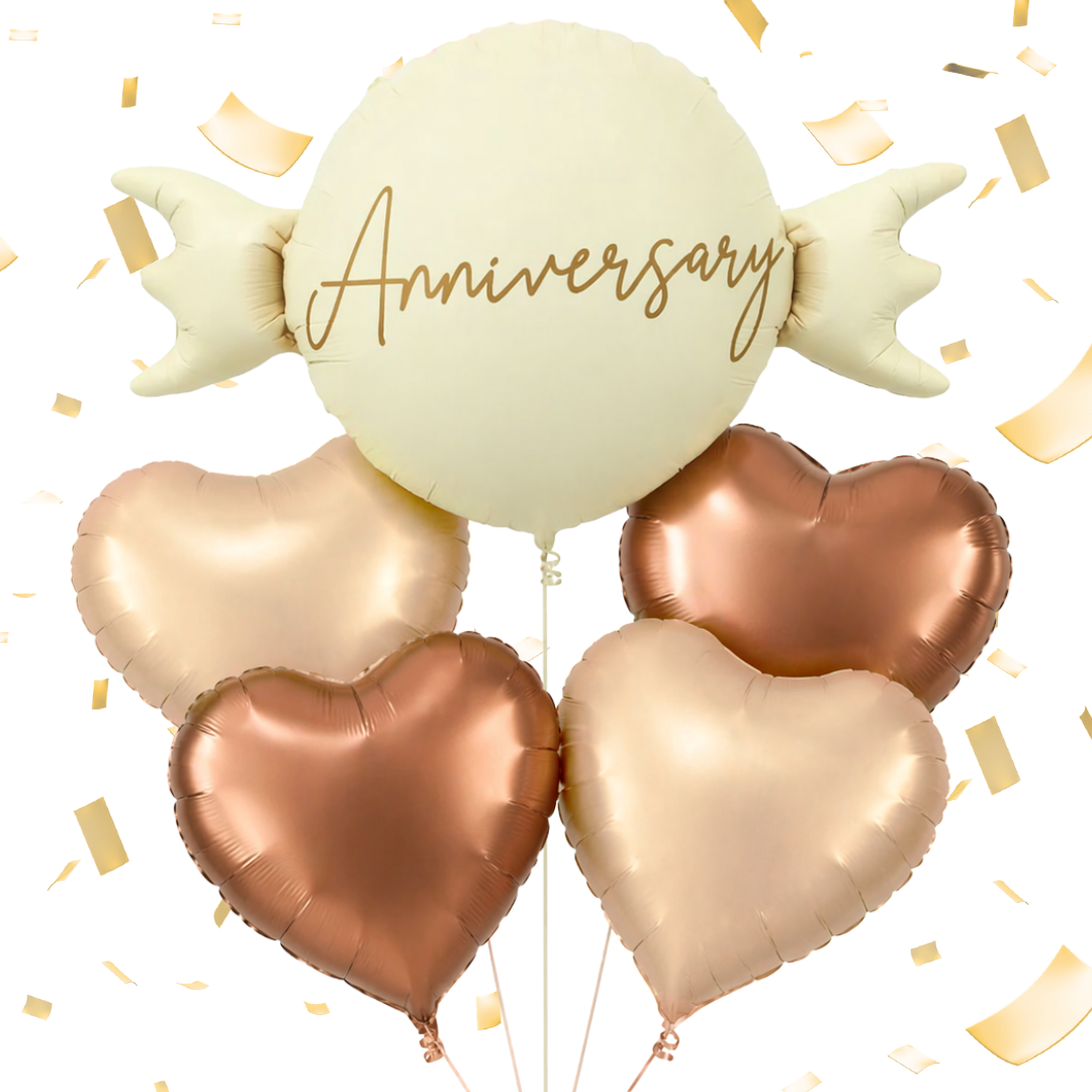 Happy Anniversary Candy Shape Helium Balloon Set of 5 (Candy Balloon + 2 Copper Heart + 2 Caramel Nude Heart Balloons) | Pre-Inflated & Delivered | Anniversary Decoration