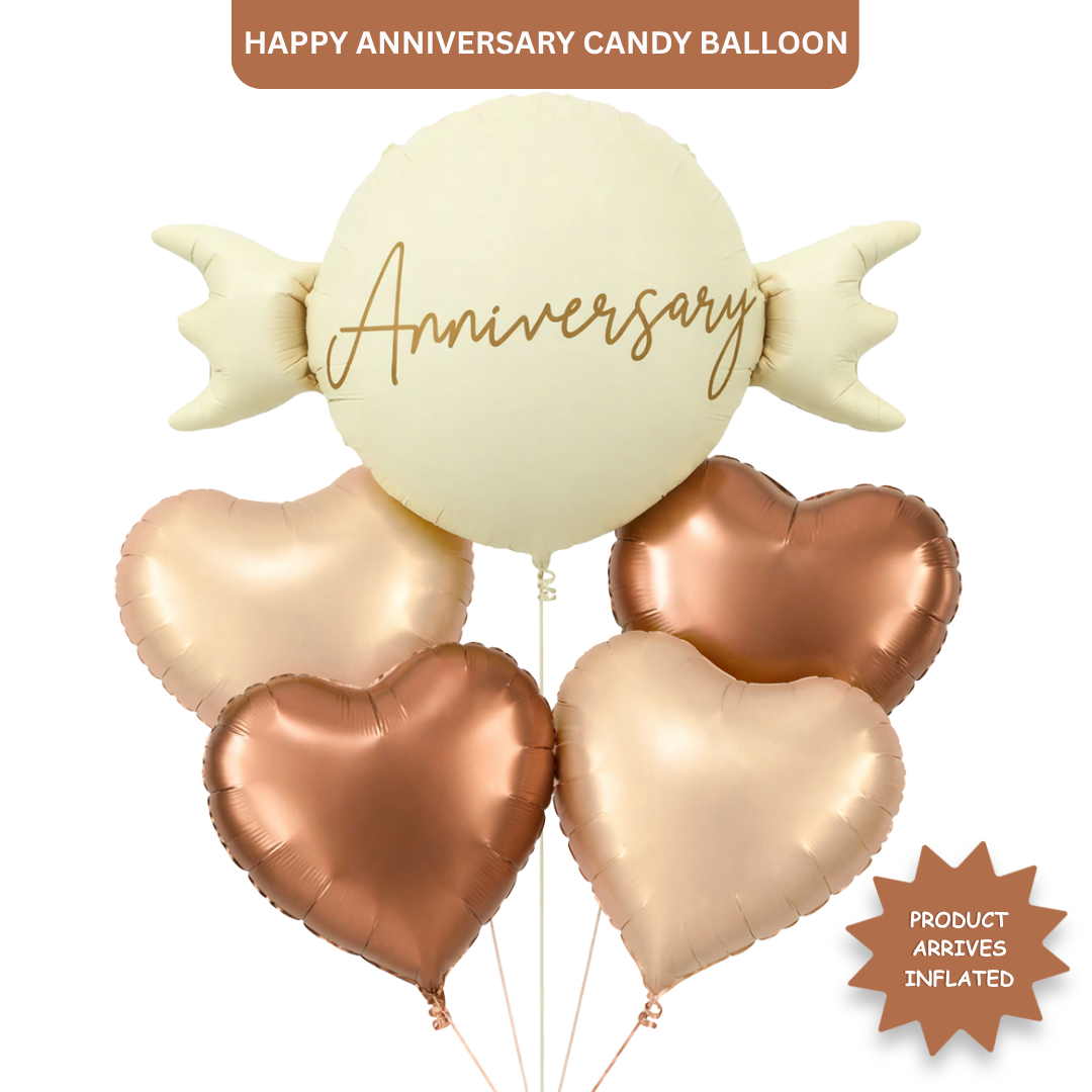 Happy Anniversary Candy Shape Helium Balloon Set of 5 (Candy Balloon + 2 Copper Heart + 2 Caramel Nude Heart Balloons) | Pre-Inflated & Delivered | Anniversary Decoration