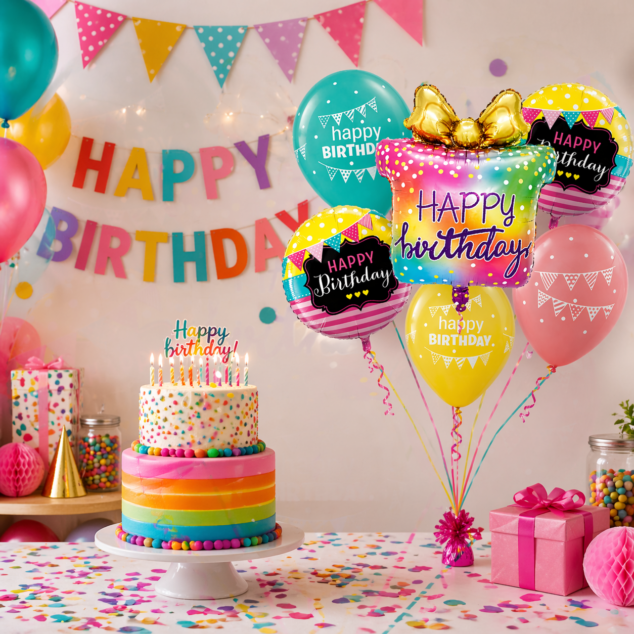 Happy Birthday Gift Box Helium Balloon Set of 6 (Supershape Gift Box + 2 Round Happy Birthday Foil 18 Inch + 3 Printed Balloons) | Pre-Inflated & Delivered | Birthday Decoration