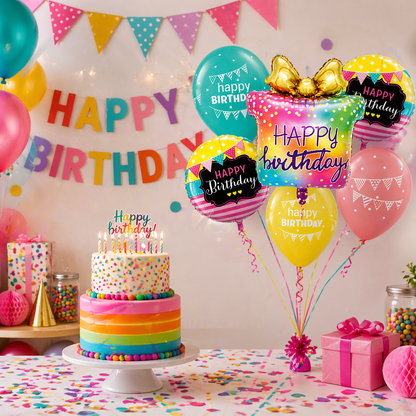 Happy Birthday Gift Box Helium Balloon Set of 6 (Supershape Gift Box + 2 Round Happy Birthday Foil 18 Inch + 3 Printed Balloons) | Pre-Inflated & Delivered | Birthday Decoration