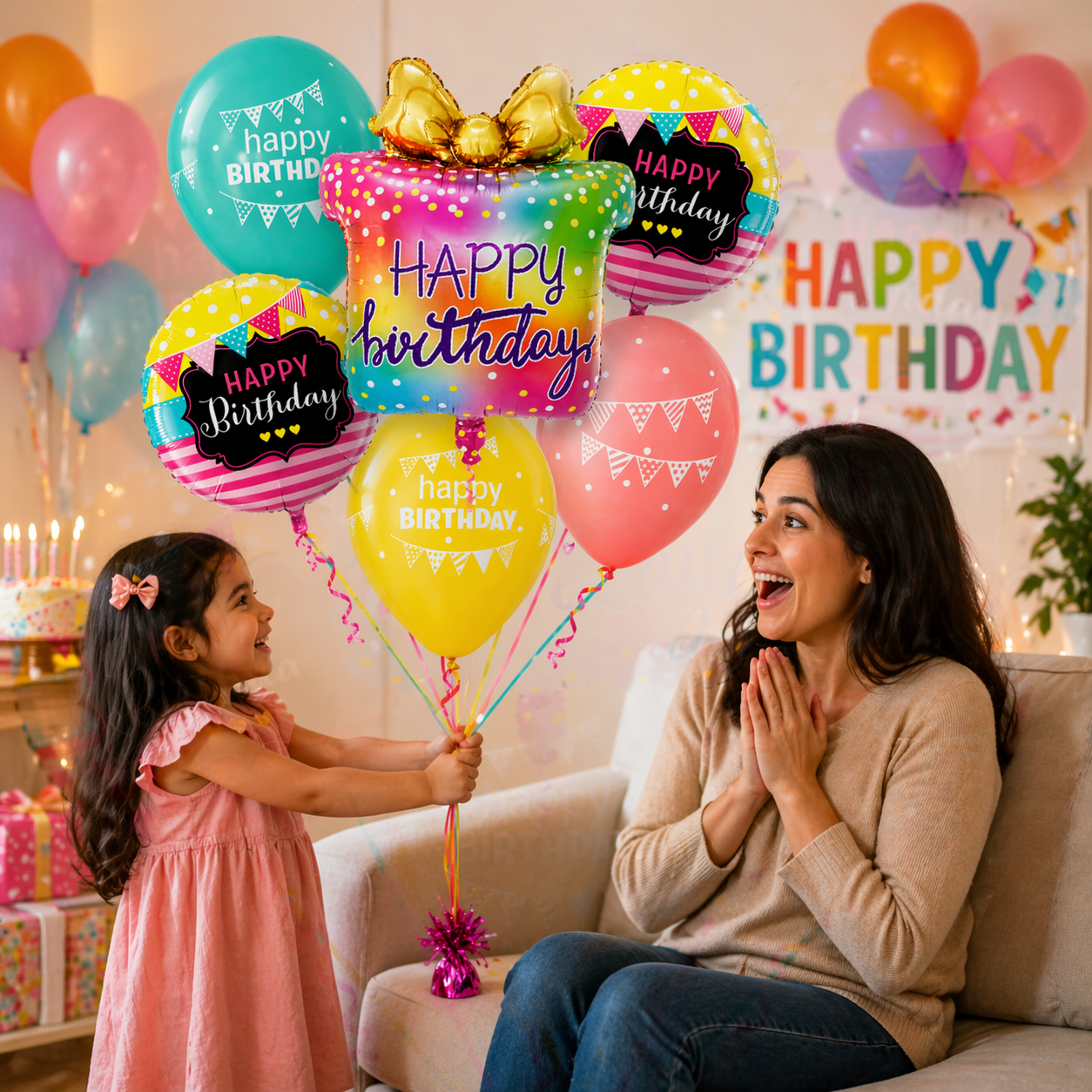 Happy Birthday Gift Box Helium Balloon Set of 6 (Supershape Gift Box + 2 Round Happy Birthday Foil 18 Inch + 3 Printed Balloons) | Pre-Inflated & Delivered | Birthday Decoration