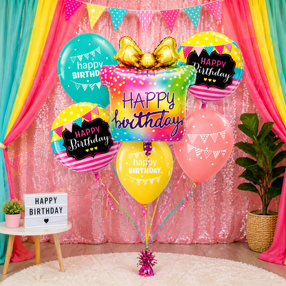 Happy Birthday Gift Box Helium Balloon Set of 6 (Supershape Gift Box + 2 Round Happy Birthday Foil 18 Inch + 3 Printed Balloons) | Pre-Inflated & Delivered | Birthday Decoration