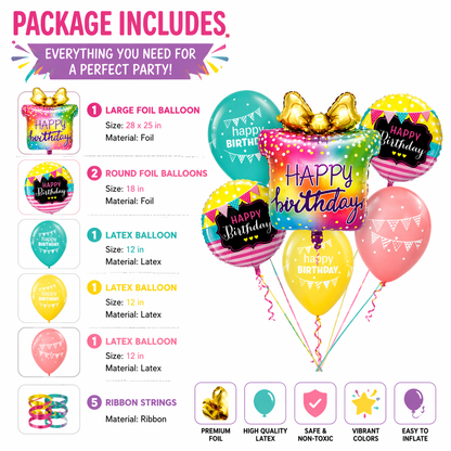 Happy Birthday Gift Box Helium Balloon Set of 6 (Supershape Gift Box + 2 Round Happy Birthday Foil 18 Inch + 3 Printed Balloons) | Pre-Inflated & Delivered | Birthday Decoration