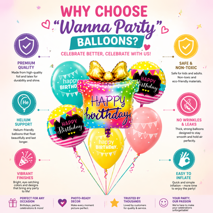 Happy Birthday Gift Box Helium Balloon Set of 6 (Supershape Gift Box + 2 Round Happy Birthday Foil 18 Inch + 3 Printed Balloons) | Pre-Inflated & Delivered | Birthday Decoration
