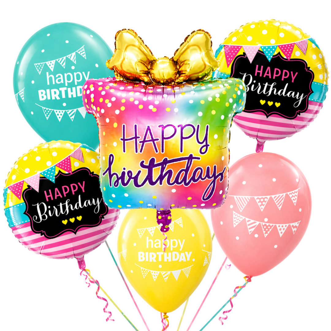 Happy Birthday Gift Box Helium Balloon Set of 6 (Supershape Gift Box + 2 Round Happy Birthday Foil 18 Inch + 3 Printed Balloons) | Pre-Inflated & Delivered | Birthday Decoration