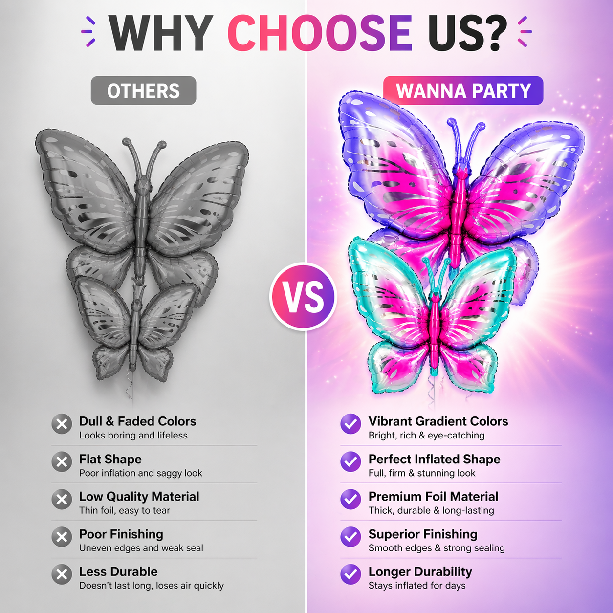 Big Size Butterfly Foil Balloon Set of 2 for Birthday Decoration | Blue & Purple Butterfly Balloons