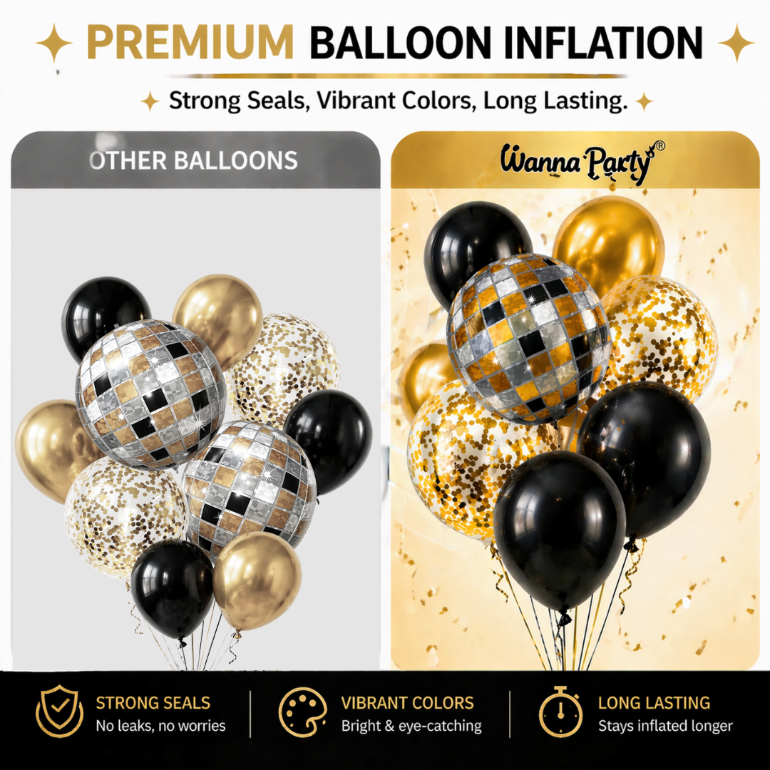 4D Golden and Black Disco Theme Helium Balloon Set of 10 (2 Disco Foil + 3 Gold + 3 Black + 2 Gold Confetti Balloons) | Pre-Inflated & Delivered | Party Decoration