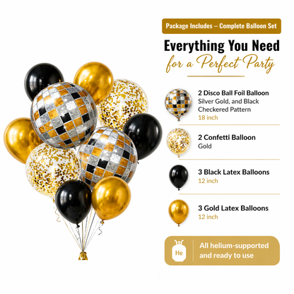 4D Golden and Black Disco Theme Helium Balloon Set of 10 (2 Disco Foil + 3 Gold + 3 Black + 2 Gold Confetti Balloons) | Pre-Inflated & Delivered | Party Decoration