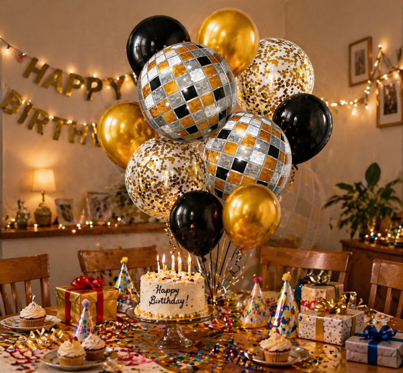 4D Golden and Black Disco Theme Helium Balloon Set of 10 (2 Disco Foil + 3 Gold + 3 Black + 2 Gold Confetti Balloons) | Pre-Inflated & Delivered | Party Decoration