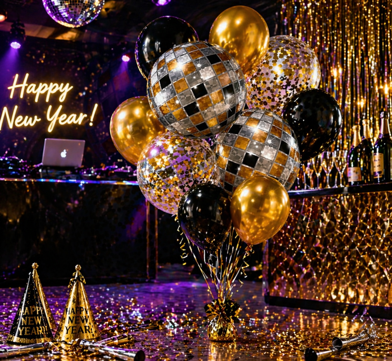 4D Golden and Black Disco Theme Helium Balloon Set of 10 (2 Disco Foil + 3 Gold + 3 Black + 2 Gold Confetti Balloons) | Pre-Inflated & Delivered | Party Decoration