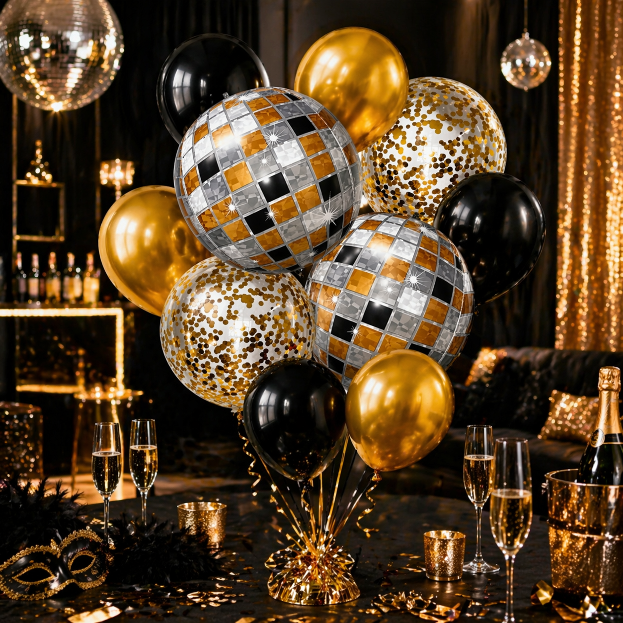 4D Golden and Black Disco Theme Helium Balloon Set of 10 (2 Disco Foil + 3 Gold + 3 Black + 2 Gold Confetti Balloons) | Pre-Inflated & Delivered | Party Decoration