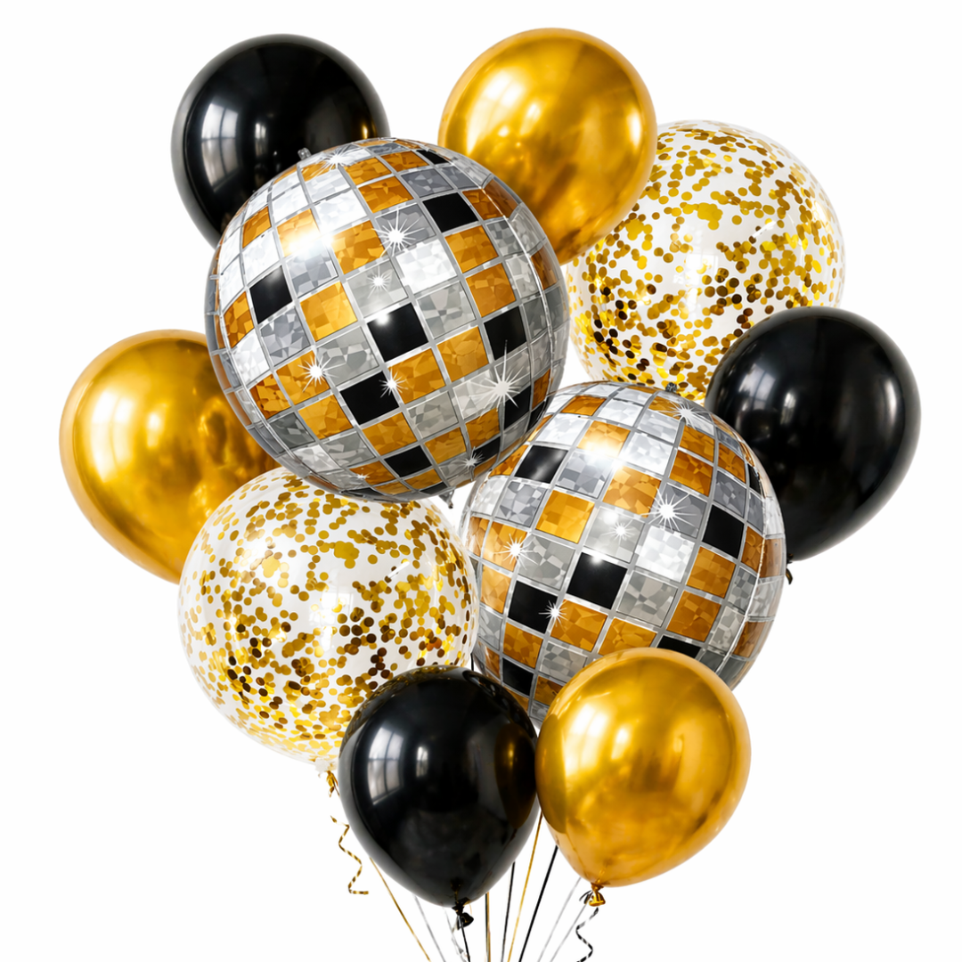 4D Golden and Black Disco Theme Helium Balloon Set of 10 (2 Disco Foil + 3 Gold + 3 Black + 2 Gold Confetti Balloons) | Pre-Inflated & Delivered | Party Decoration