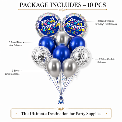 Happy Birthday Foil Balloon Set of 10 for Decoration | 2 Blue Round Bunting Flag Foil Balloons + 3 Dark Blue Balloons + 3 Silver Balloons + 2 Silver Confetti Balloons