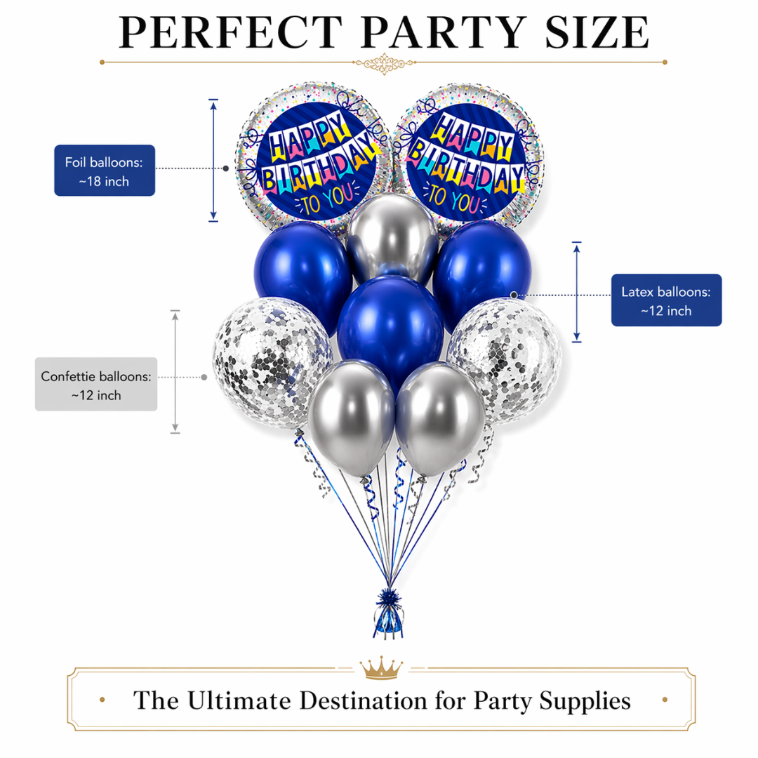 Happy Birthday Helium Balloon Set of 10 (2 Blue Bunting Flag Foil + 3 Dark Blue + 3 Silver + 2 Silver Confetti Balloons) | Pre-Inflated & Delivered | Birthday Decoration