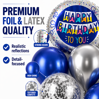 Happy Birthday Helium Balloon Set of 10 (2 Blue Bunting Flag Foil + 3 Dark Blue + 3 Silver + 2 Silver Confetti Balloons) | Pre-Inflated & Delivered | Birthday Decoration