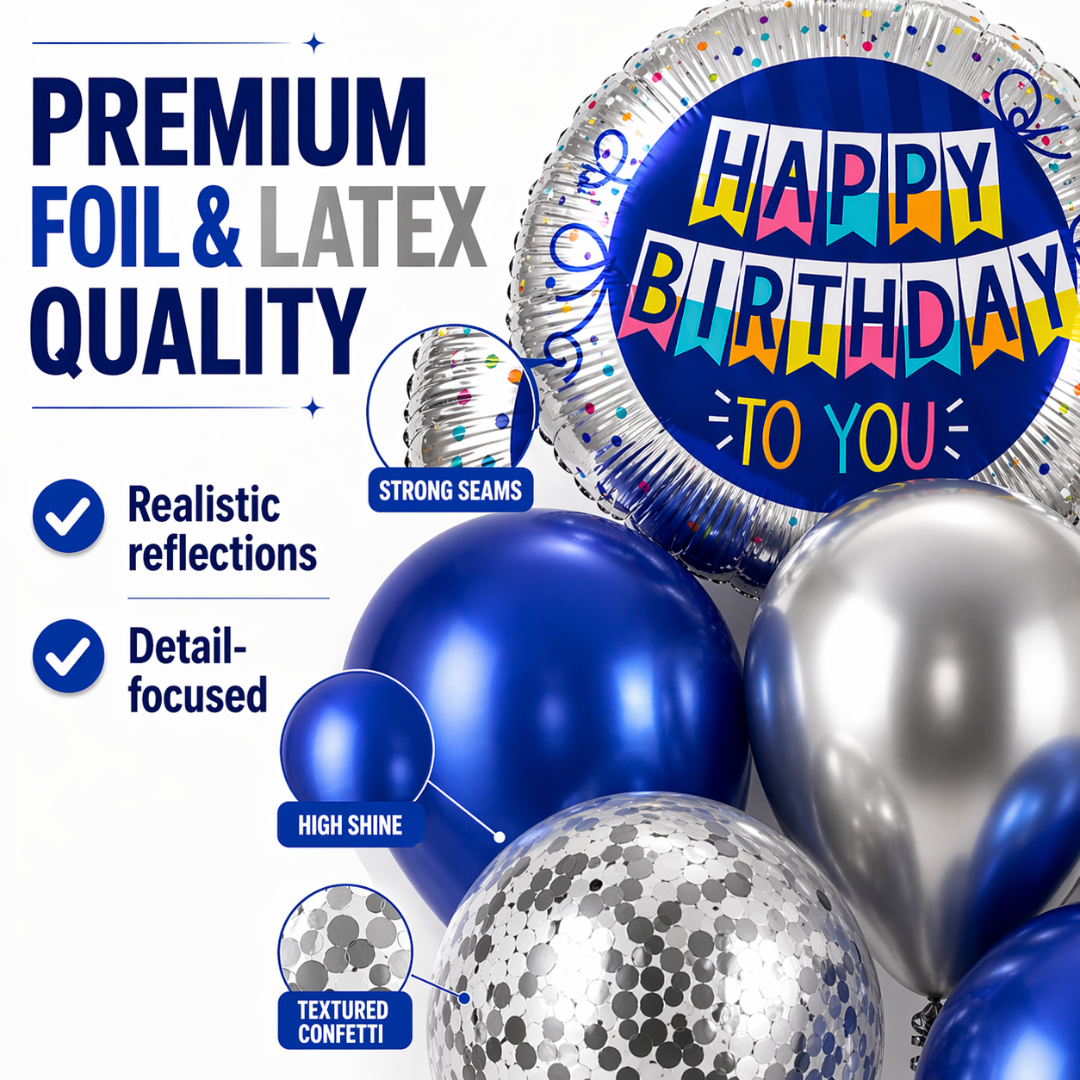 Happy Birthday Foil Balloon Set of 10 for Decoration | 2 Blue Round Bunting Flag Foil Balloons + 3 Dark Blue Balloons + 3 Silver Balloons + 2 Silver Confetti Balloons