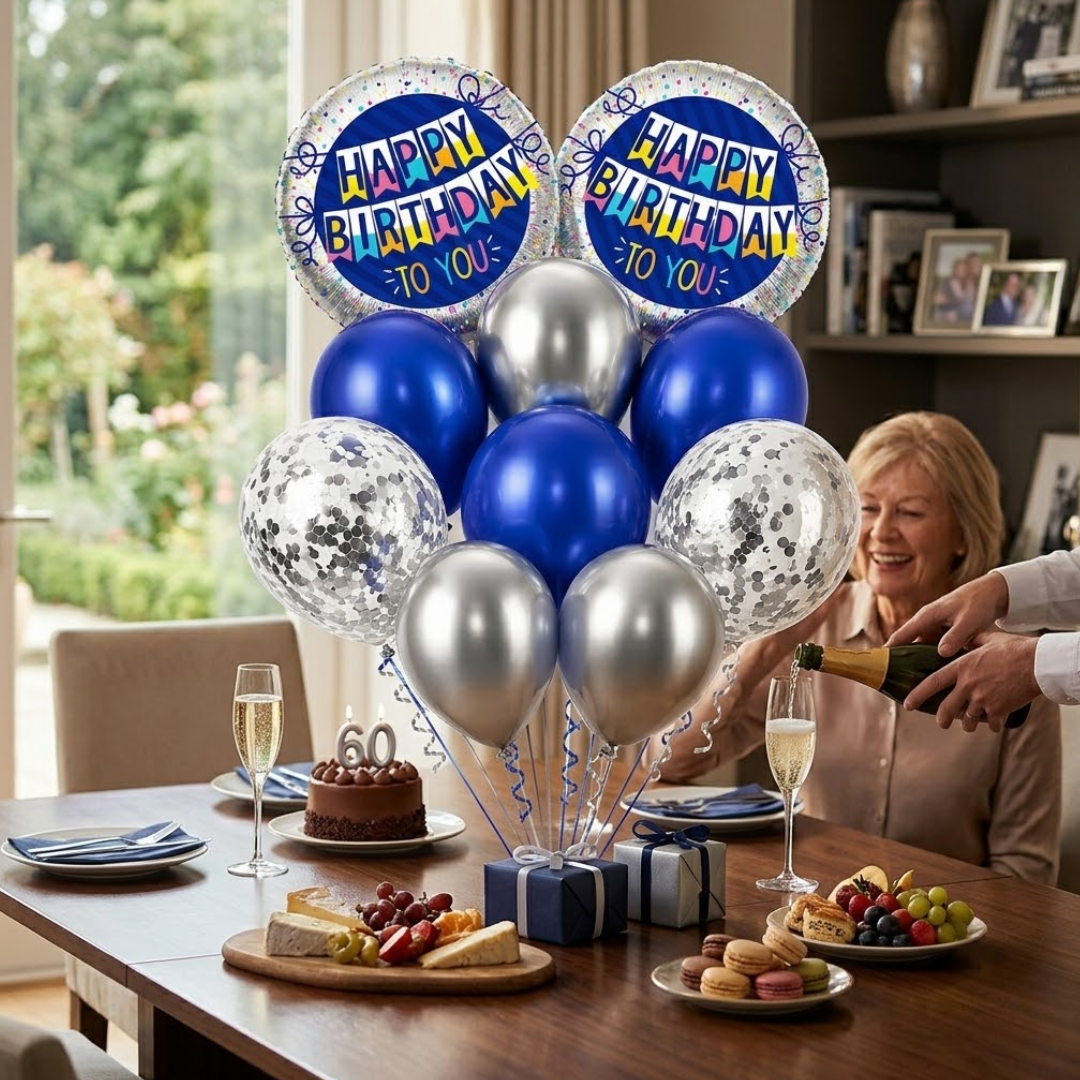 Happy Birthday Helium Balloon Set of 10 (2 Blue Bunting Flag Foil + 3 Dark Blue + 3 Silver + 2 Silver Confetti Balloons) | Pre-Inflated & Delivered | Birthday Decoration