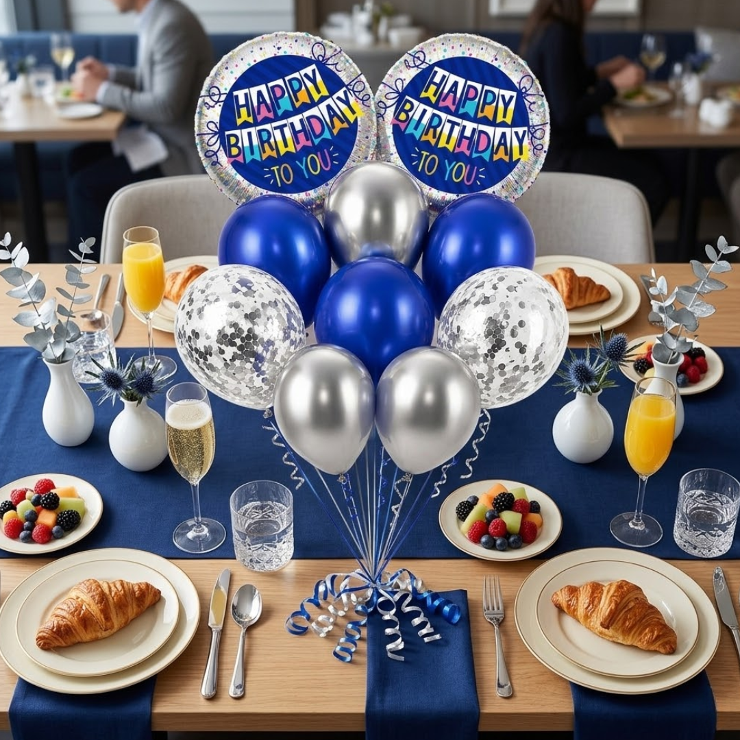 Happy Birthday Foil Balloon Set of 10 for Decoration | 2 Blue Round Bunting Flag Foil Balloons + 3 Dark Blue Balloons + 3 Silver Balloons + 2 Silver Confetti Balloons