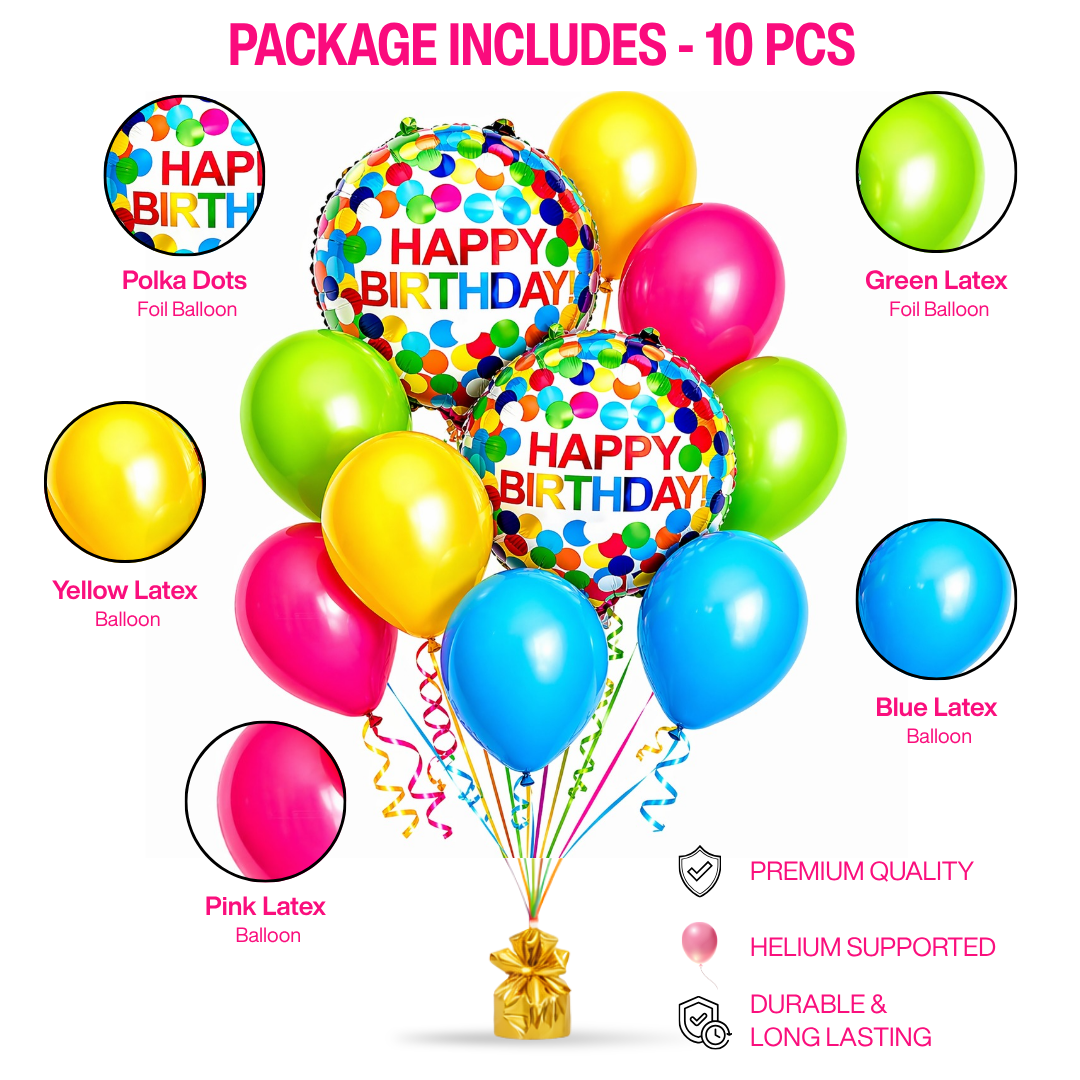 Colorful Polka Dots Happy Birthday Helium Balloon Set of 10 (2 Round Foil + Hot Pink, Blue, Green & Yellow Balloons) | Pre-Inflated & Delivered | Birthday Decoration