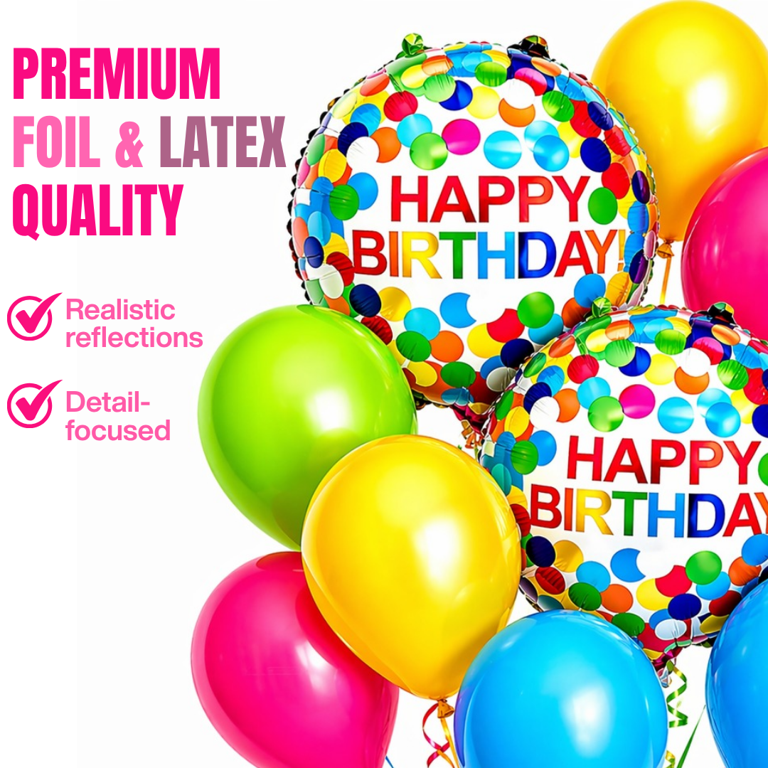 Colorful Polka Dots Happy Birthday Helium Balloon Set of 10 (2 Round Foil + Hot Pink, Blue, Green & Yellow Balloons) | Pre-Inflated & Delivered | Birthday Decoration