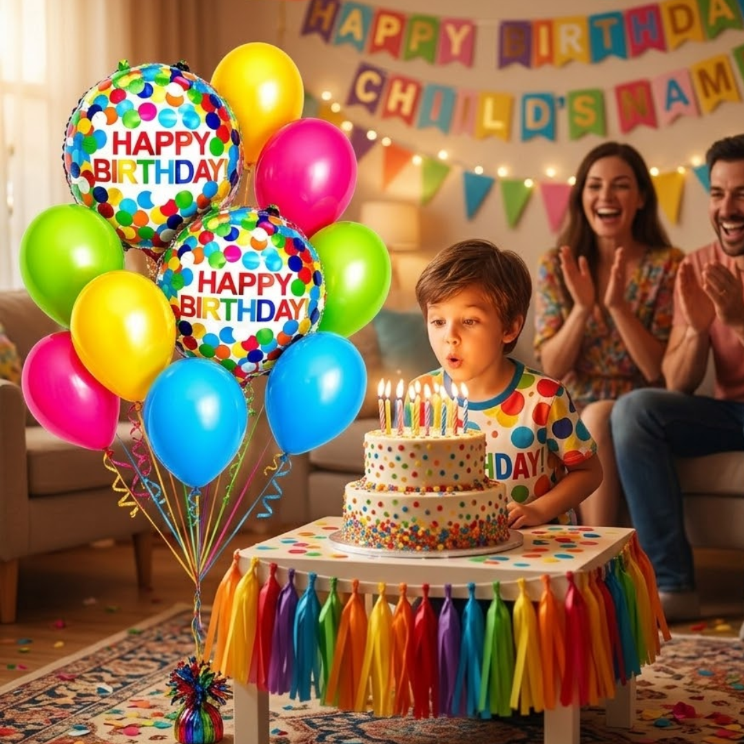 Colorful Polka Dots Happy Birthday Helium Balloon Set of 10 (2 Round Foil + Hot Pink, Blue, Green & Yellow Balloons) | Pre-Inflated & Delivered | Birthday Decoration