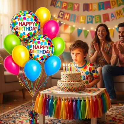 Colorful Polka Dots Happy Birthday Helium Balloon Set of 10 (2 Round Foil + Hot Pink, Blue, Green & Yellow Balloons) | Pre-Inflated & Delivered | Birthday Decoration
