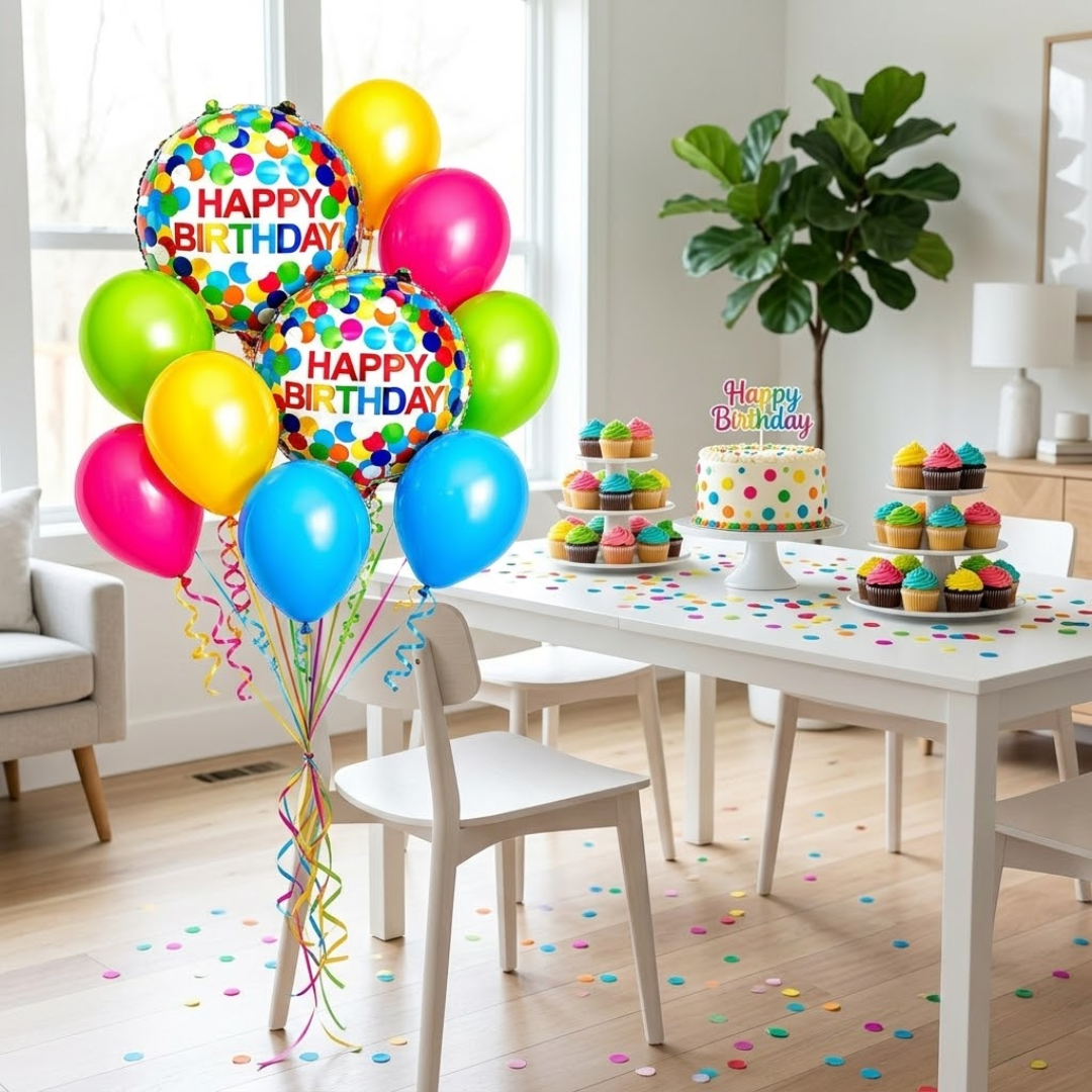 Colorful Polka Dots Happy Birthday Helium Balloon Set of 10 (2 Round Foil + Hot Pink, Blue, Green & Yellow Balloons) | Pre-Inflated & Delivered | Birthday Decoration
